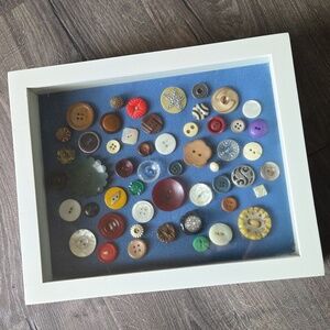 Assorted Vintage & Antique Buttons on Blue Fabric Collage Shadowbox